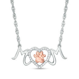 0.086 CT. T.W. Diamond Paw Print and Heart &quot;MOM&quot; Necklace in Sterling Silver and 10K Rose Gold