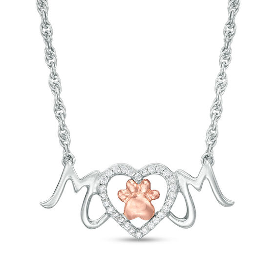 0.086 CT. T.W. Diamond Paw Print and Heart "MOM" Necklace in Sterling Silver and 10K Rose Gold