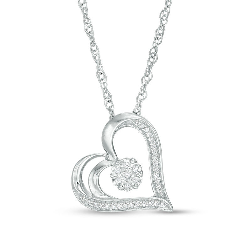 0.065 CT. T.W. Diamond Flower and Heart Outline Pendant in 10K White Gold