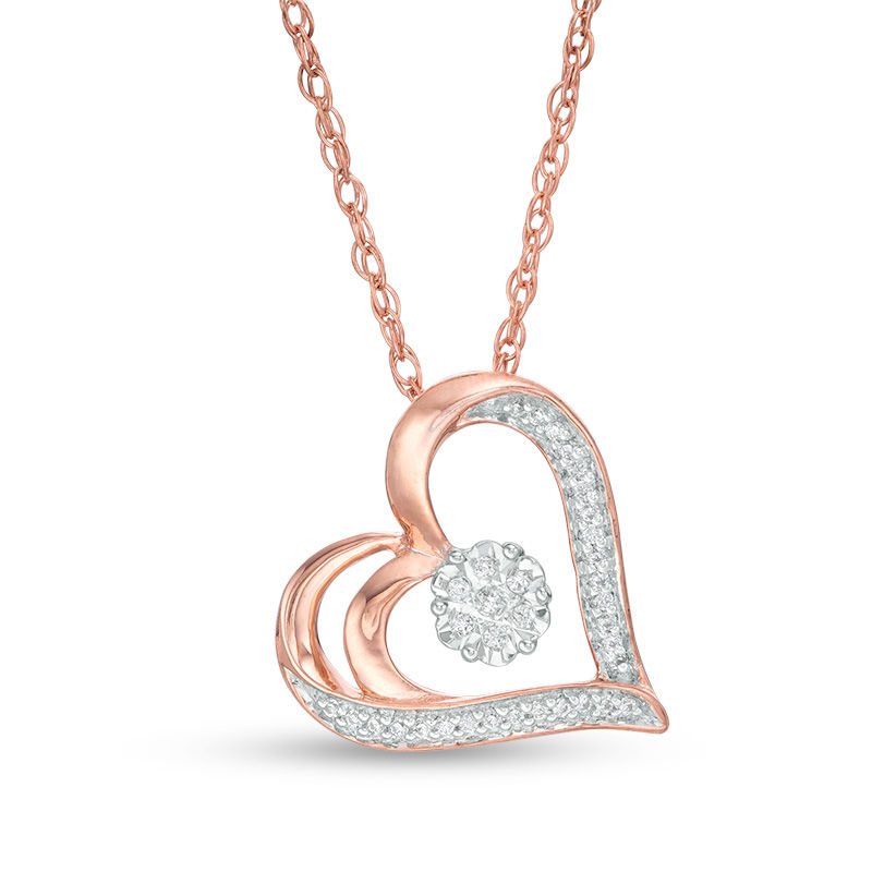 0.065 CT. T.W. Diamond Flower and Heart Outline Pendant in 10K Rose Gold
