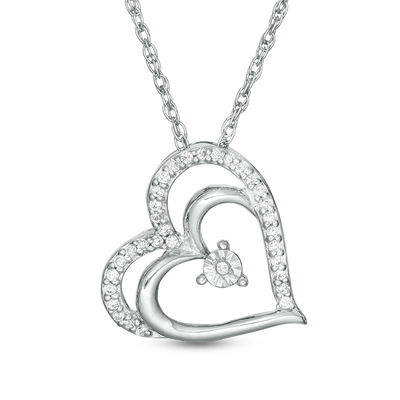 0.085 CT. T.W. Diamond Tilted Double Heart Pendant in 10K White Gold