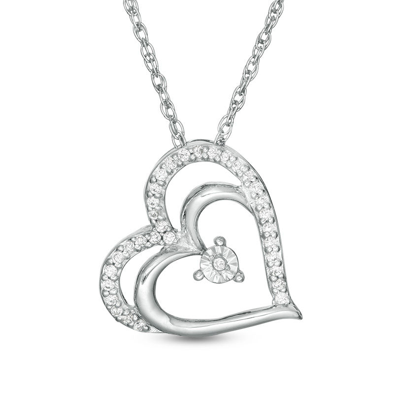0.085 CT. T.W. Diamond Tilted Double Heart Pendant in 10K White Gold|Peoples Jewellers