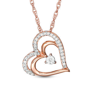 0.085 CT. T.W. Diamond Tilted Layered Double Heart Pendant in 10K Rose Gold