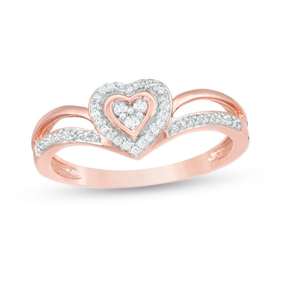 0.116 CT. T.W. Diamond Heart Frame Split Shank Promise Ring in 10K Rose Gold