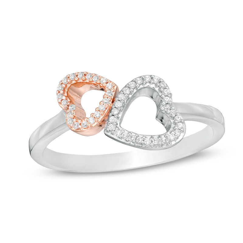 0.085 CT. T.W. Diamond Double Heart Outline Open Ring in Sterling Silver and 10K Rose Gold|Peoples Jewellers