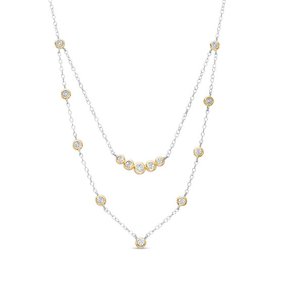 0.09 CT. T.W. Diamond Bezel-Set Layered Necklace in 10K Gold and Sterling Silver - 20"