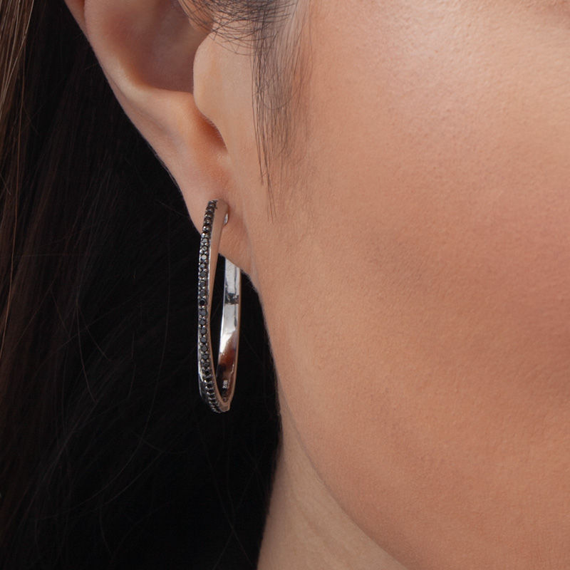 0.45 CT. T.W. Black Diamond Crossover Hoop Earrings in Sterling Silver|Peoples Jewellers