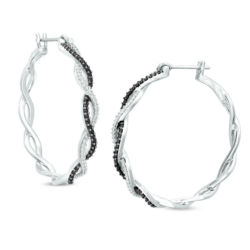0.45 CT. T.W. Enhanced Black and White Diamond Twist Hoop Earrings in Sterling Silver