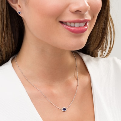 Sideways Pear-Shaped Blue and White Lab-Created Sapphire Frame Bead Station Necklace and Earrings Set in Sterling Silver