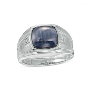 Men's Barrel-Cut Simulated Cat's Eye and Diamond Accent Comfort-Fit Stepped Edge Ring in Sterling Silver - Size 10