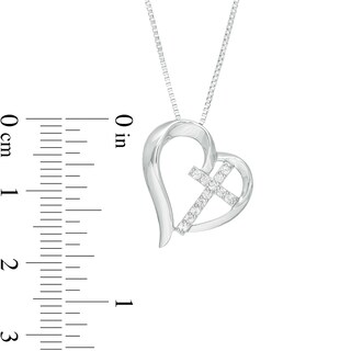 Lab-Created White Sapphire Tilted Heart with Cross Pendant in Sterling Silver