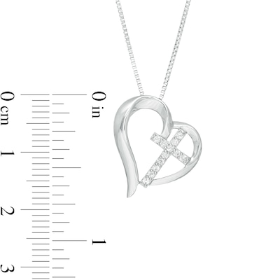 Lab-Created White Sapphire Tilted Heart with Cross Pendant in Sterling Silver