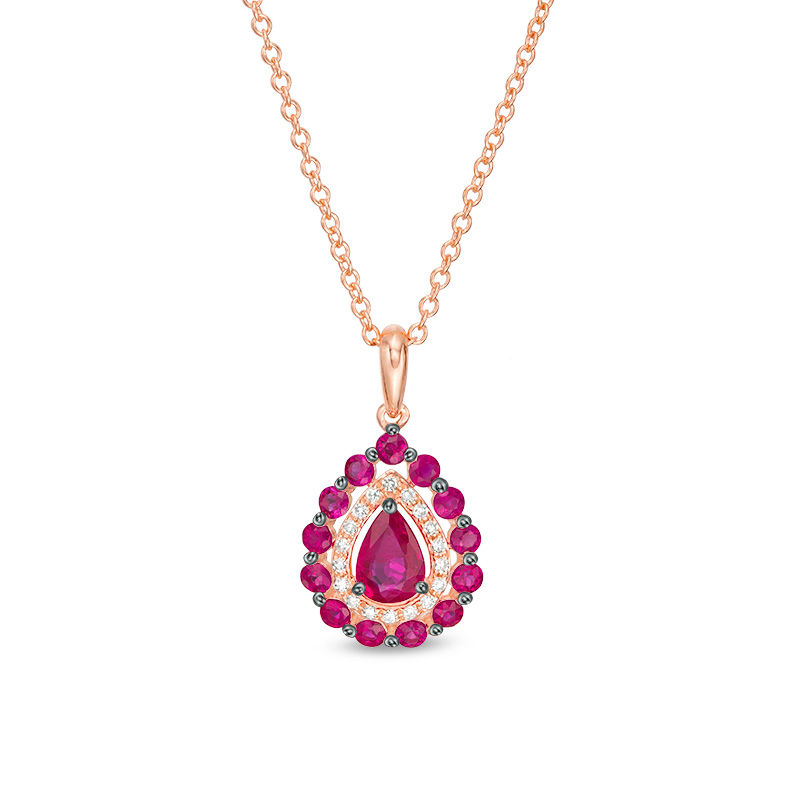 EFFY™ Collection Pear-Shaped Ruby and 0.07 CT. T.W. Diamond Frame Pendant in 14K Rose Gold