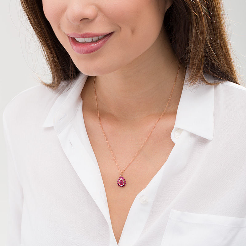 EFFY™ Collection Pear-Shaped Ruby and 0.07 CT. T.W. Diamond Frame Pendant in 14K Rose Gold