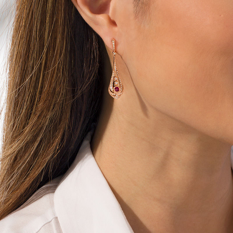 Main Image 2 of EFFY™ Collection Ruby and 0.37 CT. T.W. Diamond Pendulum Vintage-Style Drop Earrings in 14K Rose Gold