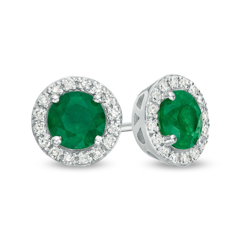 EFFY™ Collection 5.0mm Emerald and 0.12 CT. T.W. Diamond Frame Stud Earrings in 14K White Gold