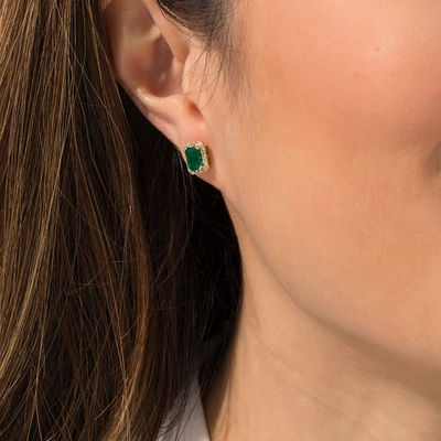 EFFY™ Collection Emerald-Cut Emerald and 0.18 CT. T.W. Diamond Frame Stud Earrings in 14K Gold