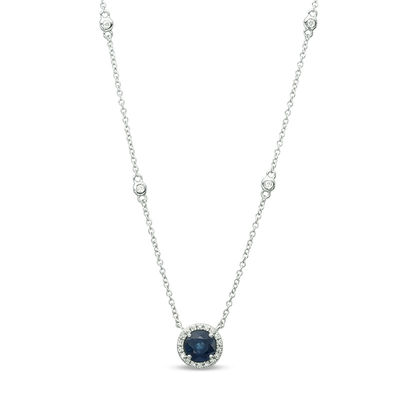 EFFY™ Collection 6.0mm Blue Sapphire and 0.10 CT. T.W. Diamond Frame and Station Necklace in 14K White Gold