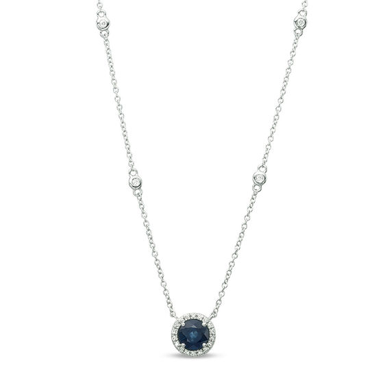 EFFY™ Collection 6.0mm Blue Sapphire and 0.10 CT. T.W. Diamond Frame and Station Necklace in 14K White Gold