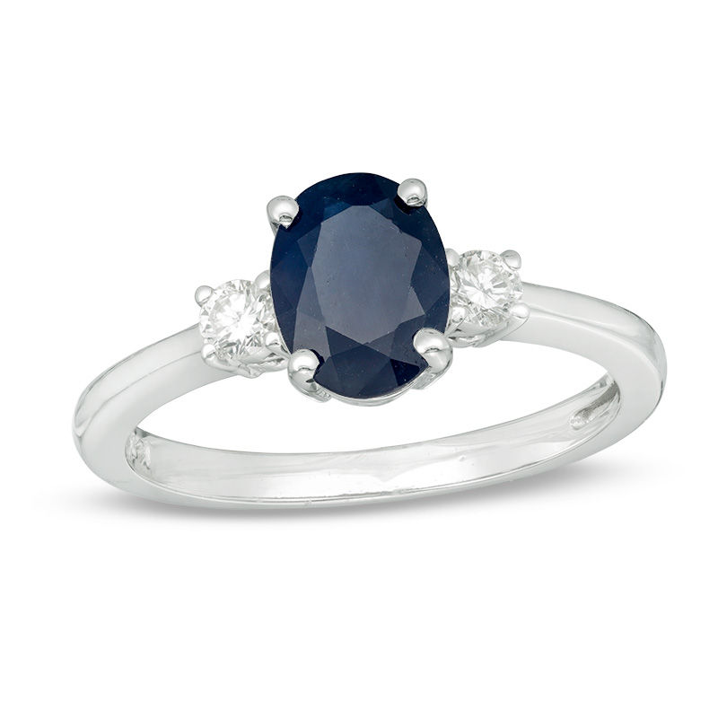 EFFY™ Collection Oval Blue Sapphire and 0.15 CT. T.W. Diamond Three Stone Ring in 14K White Gold|Peoples Jewellers