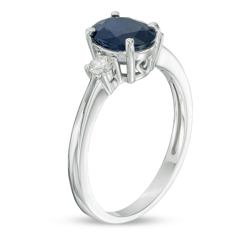 EFFY™ Collection Oval Blue Sapphire and 0.15 CT. T.W. Diamond Three Stone Ring in 14K White Gold