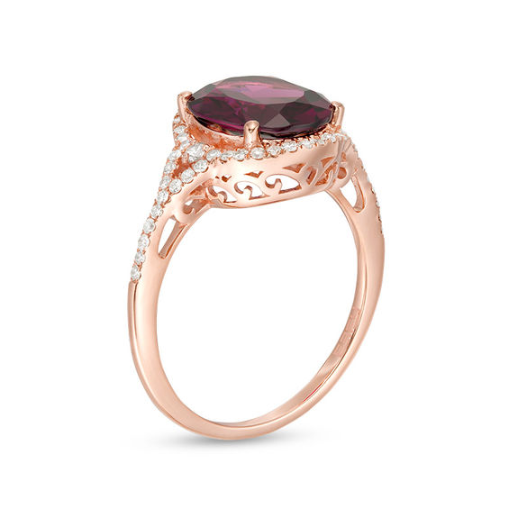 EFFY™ Collection Oval Rhodolite Garnet and 0.29 CT. T.W. Diamond Frame V-Sides Ring in 14K Rose Gold