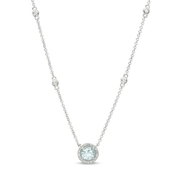 EFFY™ Collection 6.0mm Aquamarine and 0.10 CT. T.W. Diamond Frame and Station Necklace in 14K White Gold