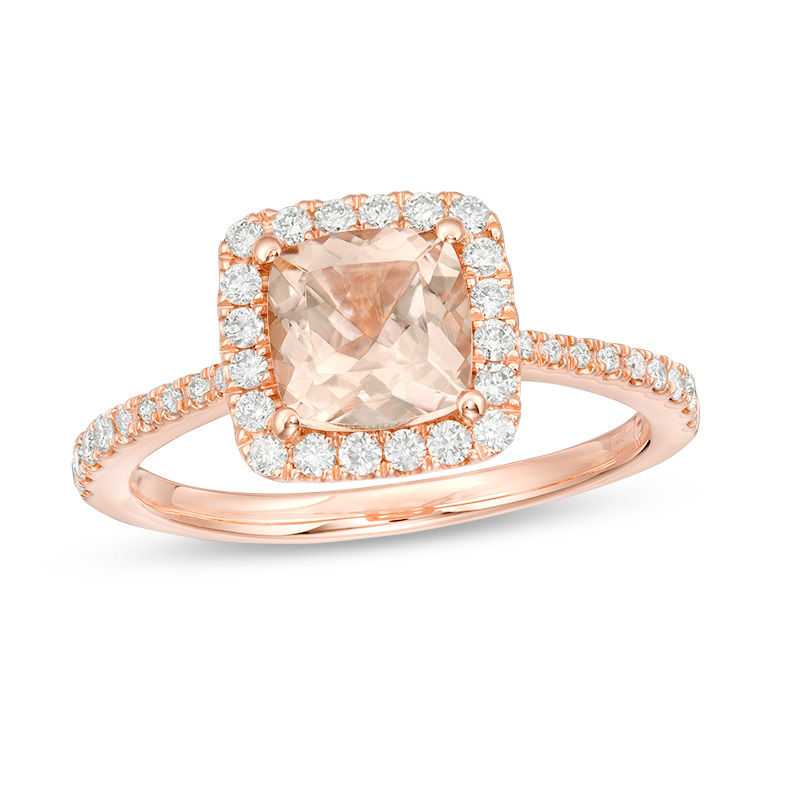 EFFY™ Collection 6.5mm Cushion-Cut Morganite and 0.33 CT. T.W. Diamond Frame Ring in 14K Rose Gold