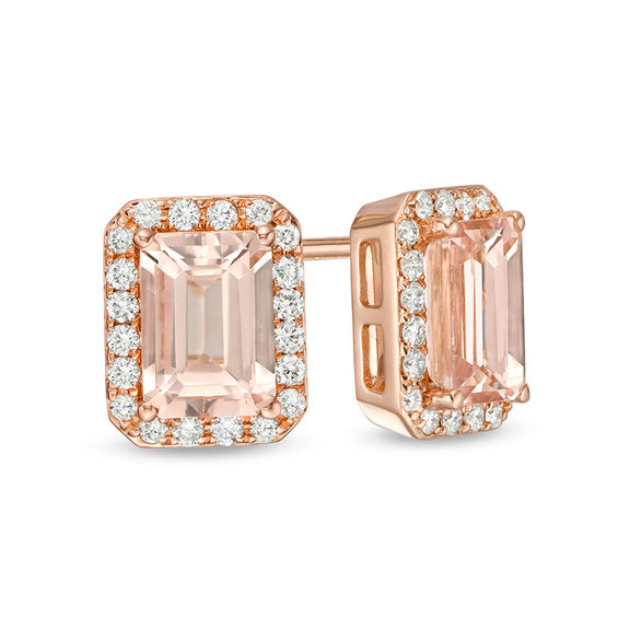 EFFY™ Collection Emerald-Cut Morganite and 0.25 CT. T.W. Diamond Frame Stud Earrings in 14K Rose Gold