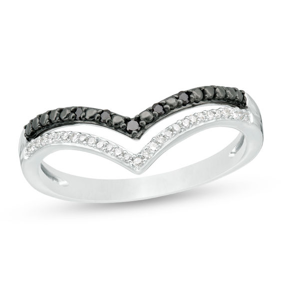 0.10 CT. T.W. Enhanced Black and White Diamond Double Row Chevron Ring in Sterling Silver