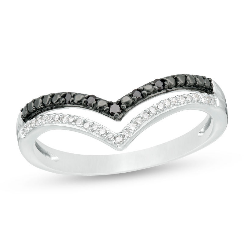 0.10 CT. T.W. Enhanced Black and White Diamond Double Row Chevron Ring in Sterling Silver|Peoples Jewellers