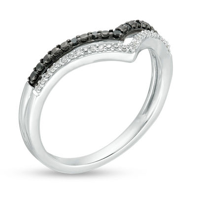 0.10 CT. T.W. Enhanced Black and White Diamond Double Row Chevron Ring in Sterling Silver