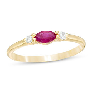 Sideways Marquise Ruby and 0.066 CT. T.W. Diamond Side Accent Stackable Band in 10K Gold