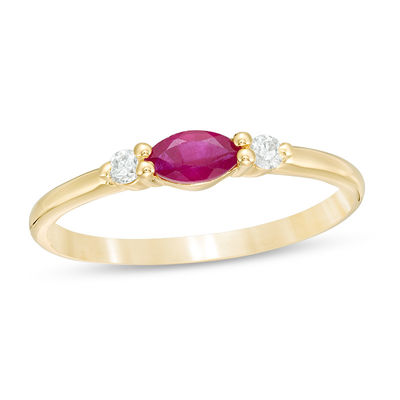 Sideways Marquise Ruby and 0.066 CT. T.W. Diamond Side Accent Stackable Band in 10K Gold