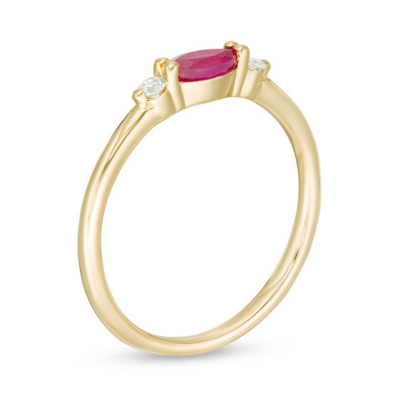 Sideways Marquise Ruby and 0.066 CT. T.W. Diamond Side Accent Stackable Band in 10K Gold