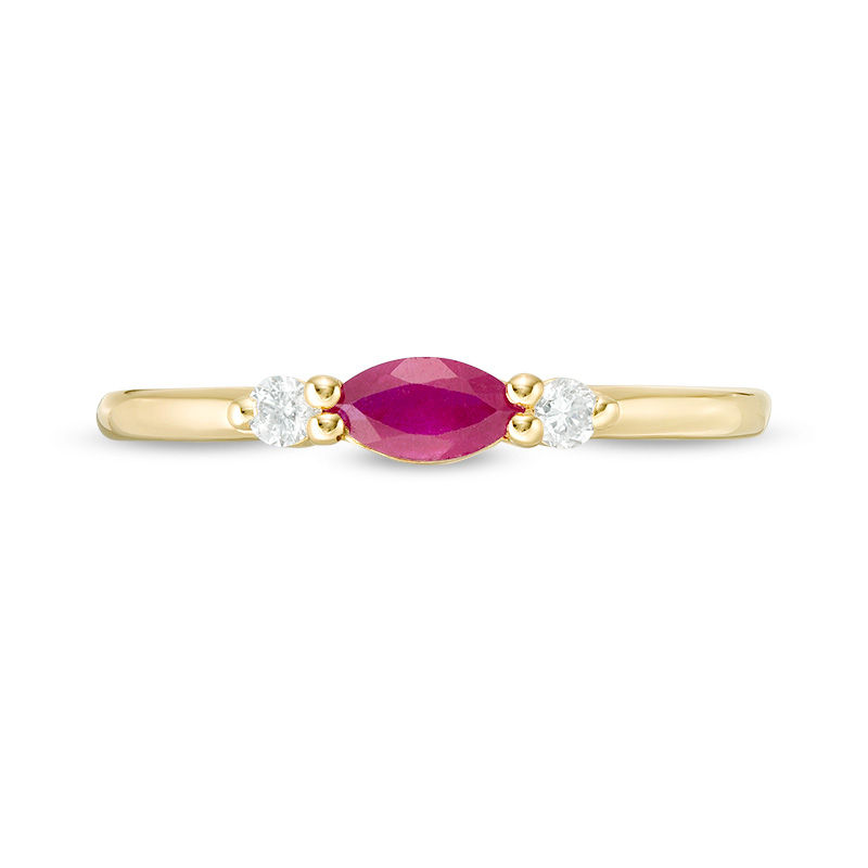 Sideways Marquise Ruby and 0.066 CT. T.W. Diamond Side Accent Stackable Band in 10K Gold