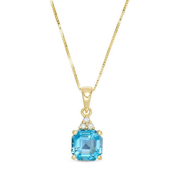 7.0mm Asscher-Cut Swiss Blue Topaz and 0.05 CT. T.W. Diamond Tri-Top Drop Pendant in 10K Gold