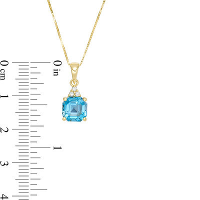 7.0mm Asscher-Cut Swiss Blue Topaz and 0.05 CT. T.W. Diamond Tri-Top Drop Pendant in 10K Gold