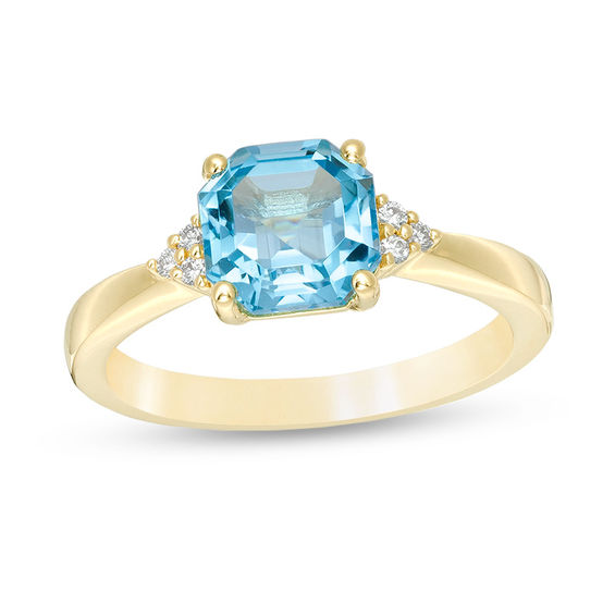 7.0mm Asscher-Cut Swiss Blue Topaz and 0.05 CT. T.W. Diamond Tri-Sides Ring in 10K Gold