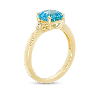 7.0mm Asscher-Cut Swiss Blue Topaz and 0.05 CT. T.W. Diamond Tri-Sides Ring in 10K Gold