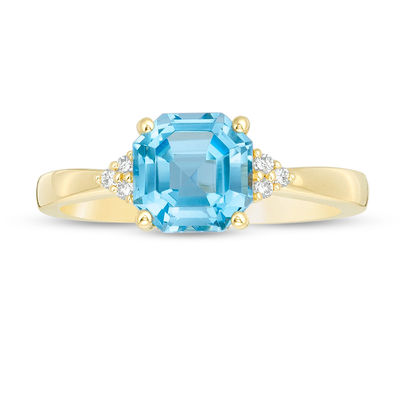 7.0mm Asscher-Cut Swiss Blue Topaz and 0.05 CT. T.W. Diamond Tri-Sides Ring in 10K Gold