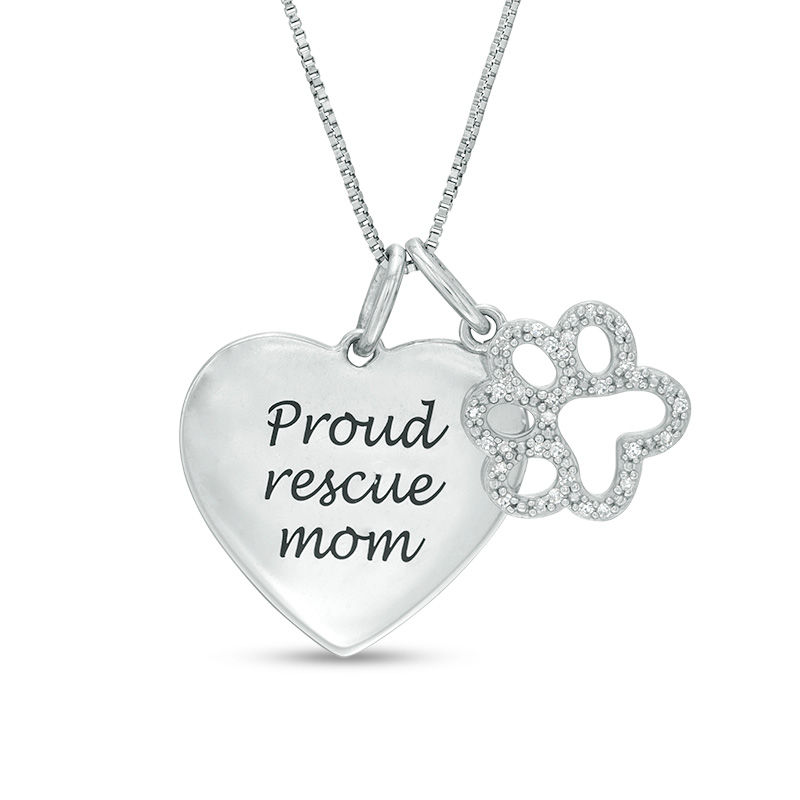 0.10 CT. T.W. Diamond Paw Print Outline and "Proud rescue mom" Heart Charm Pendant in Sterling Silver