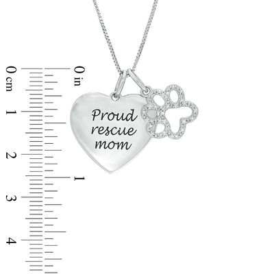 0.10 CT. T.W. Diamond Paw Print Outline and "Proud rescue mom" Heart Charm Pendant in Sterling Silver