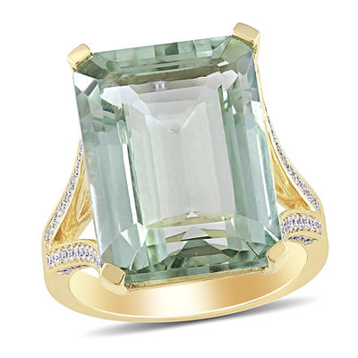 Emerald-Cut Green Quartz and 0.44 CT. T.W. Diamond Split Shank Ring in 14K Gold