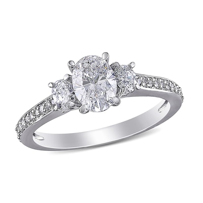 1.10 CT. T.W. Oval Diamond Three Stone Engagement Ring in 14K White Gold