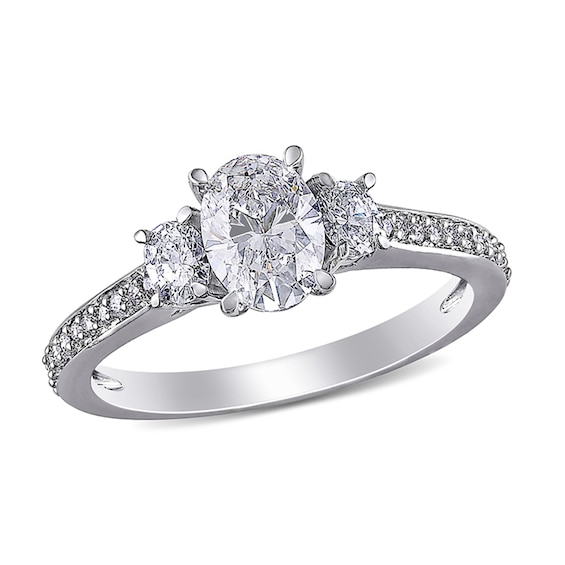 1.10 CT. T.W. Oval Diamond Three Stone Engagement Ring in 14K White Gold