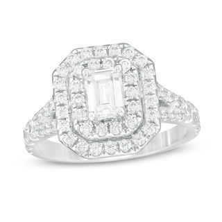 Celebration Canadian Ideal 1.70 CT. T.W. Emerald-Cut Certified Diamond Double Frame Engagement Ring in 14K White Gold (I/SI2)