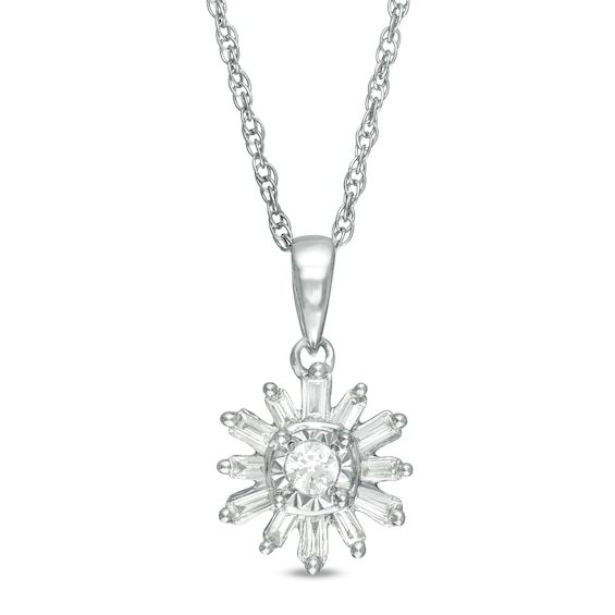 0.20 CT. T.W. Baguette and Round Diamond Snowflake Pendant in 10K White Gold