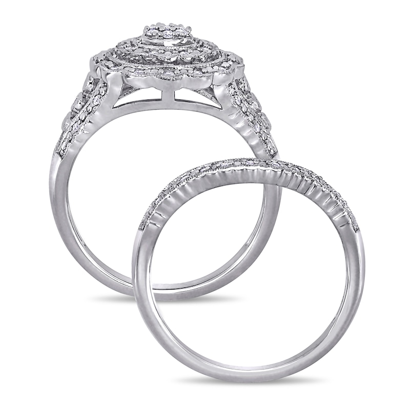 0.24 CT. T.W. Composite Diamond Vintage-Style Scallop Frame Bridal Set in Sterling Silver