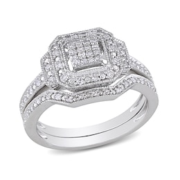 0.23 CT. T.W. Princess-Cut Composite Diamond Art Deco Bridal Set in Sterling Silver
